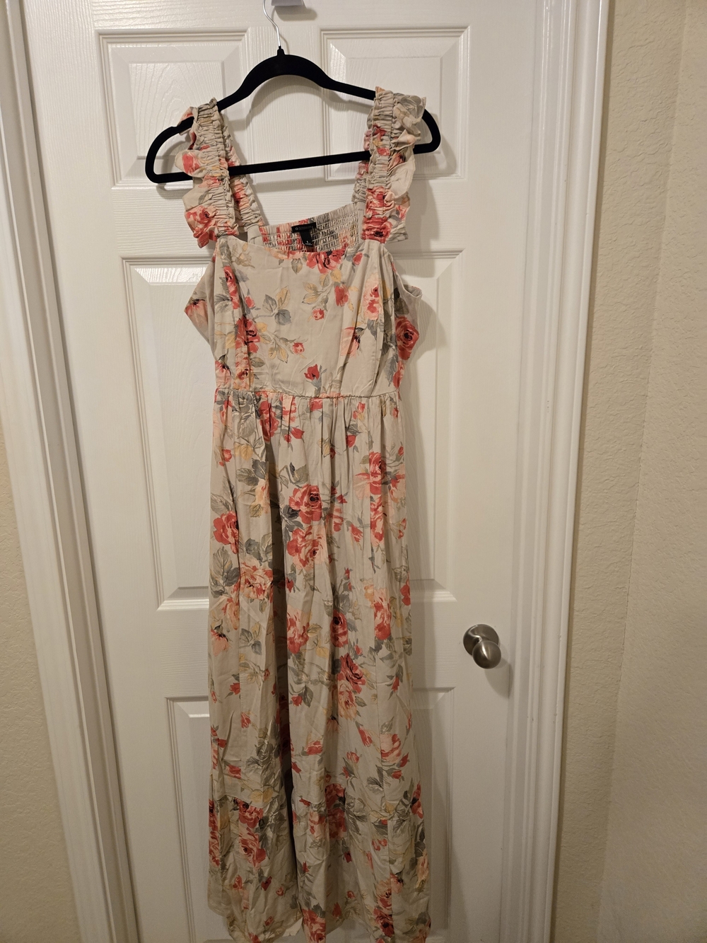 torrid Cream Maxi Dress with Coral Floral Print and Ruffled Straps - Picture 2 of 14
